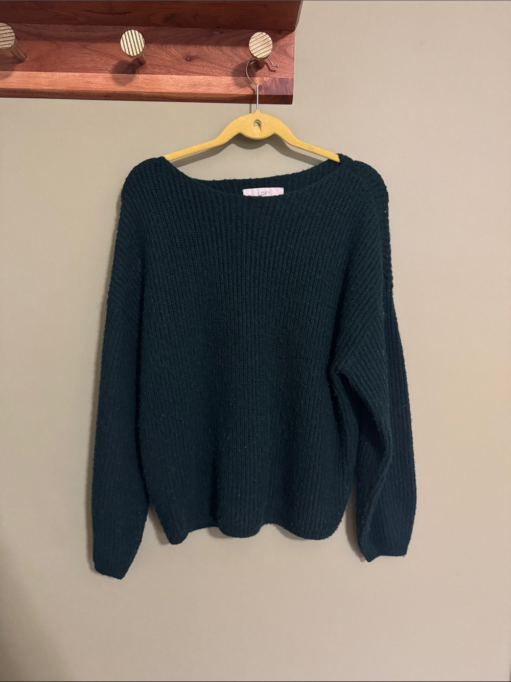 LOFT Dark Green Ribbed Scoop-Neck Sweater
